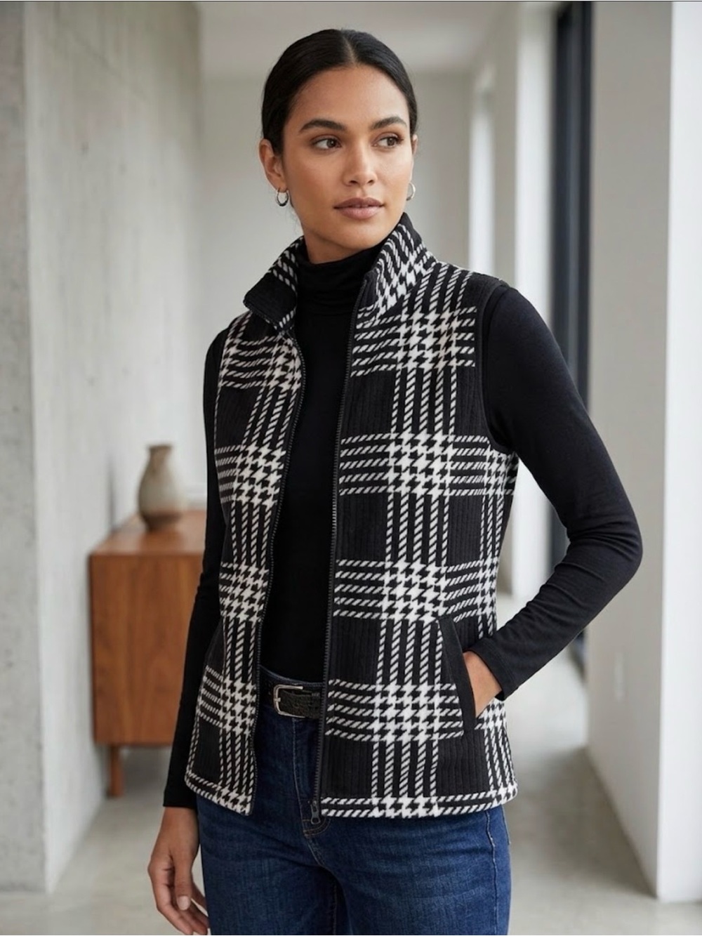 Fiori Black & White Plaid Zip-Front Sweater Vest